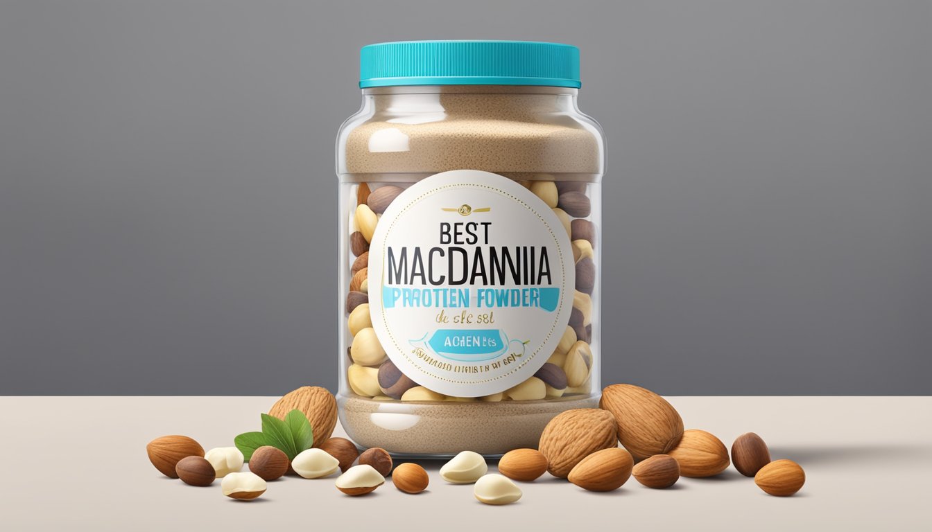 A jar of macadamia protein powder with a clear "best by" date on the label, surrounded by various types of nuts and seeds