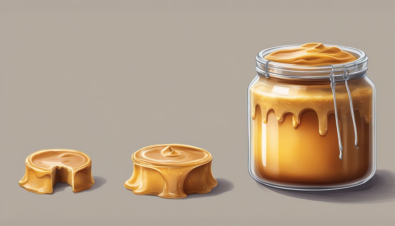 A jar of dulce de leche with mold growing on the surface, emitting a sour odor