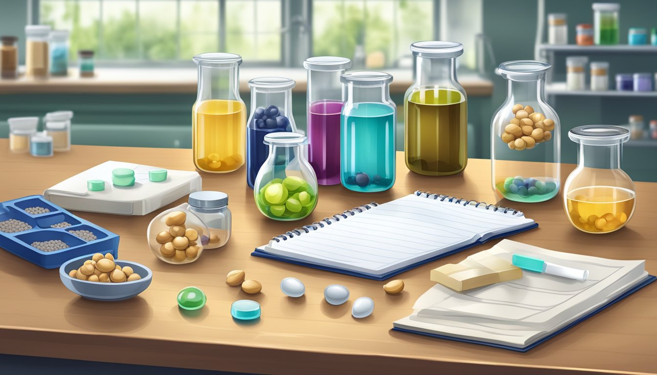 A laboratory table with various vials and beakers containing different forms of macadamia protein, alongside scientific equipment and notebooks