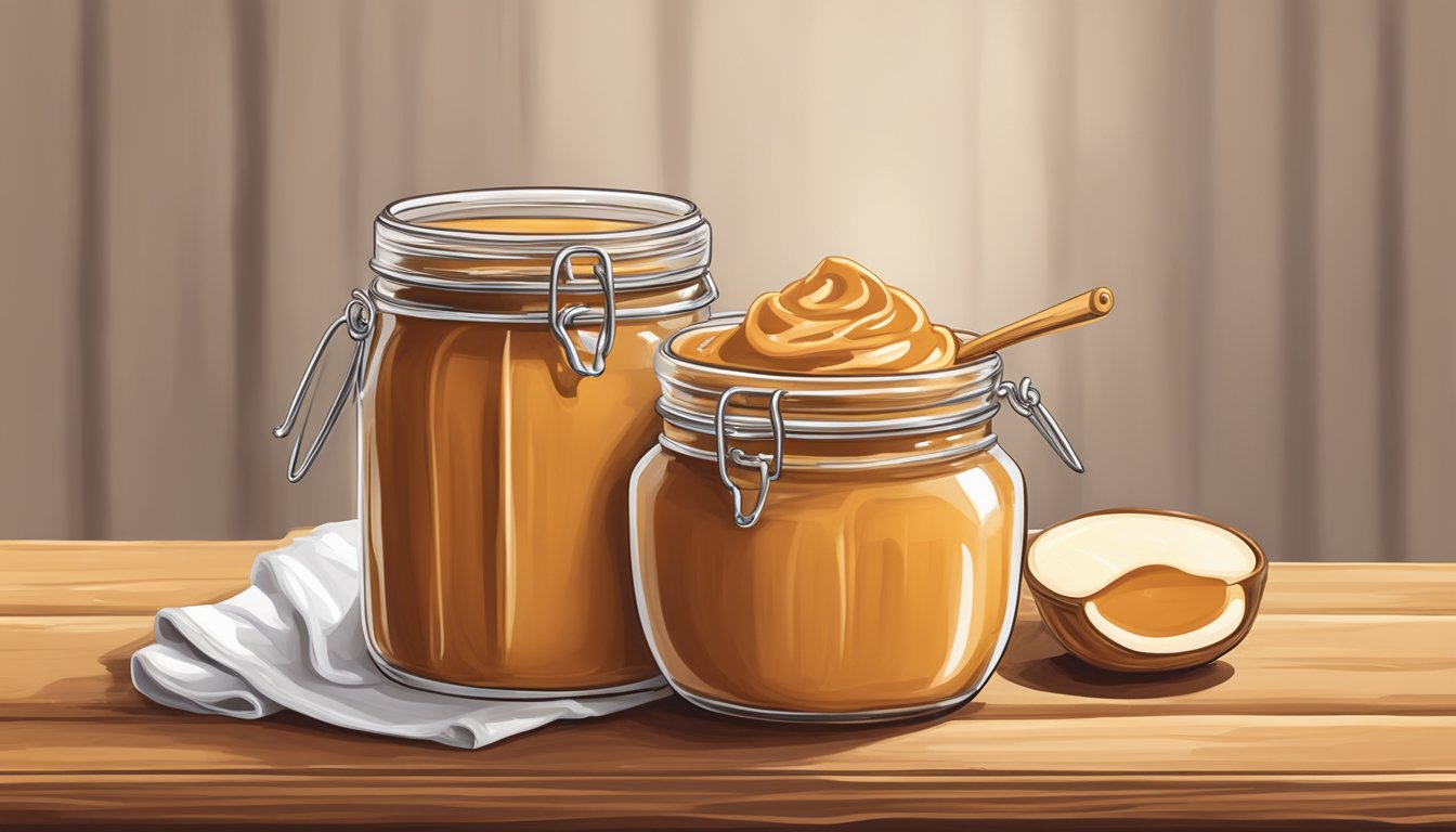 A jar of dulce de leche sits on a rustic wooden table, surrounded by fresh milk, sugar, and vanilla beans. The warm, golden caramel color of the dulce de leche contrasts with the cool, creamy white of the milk