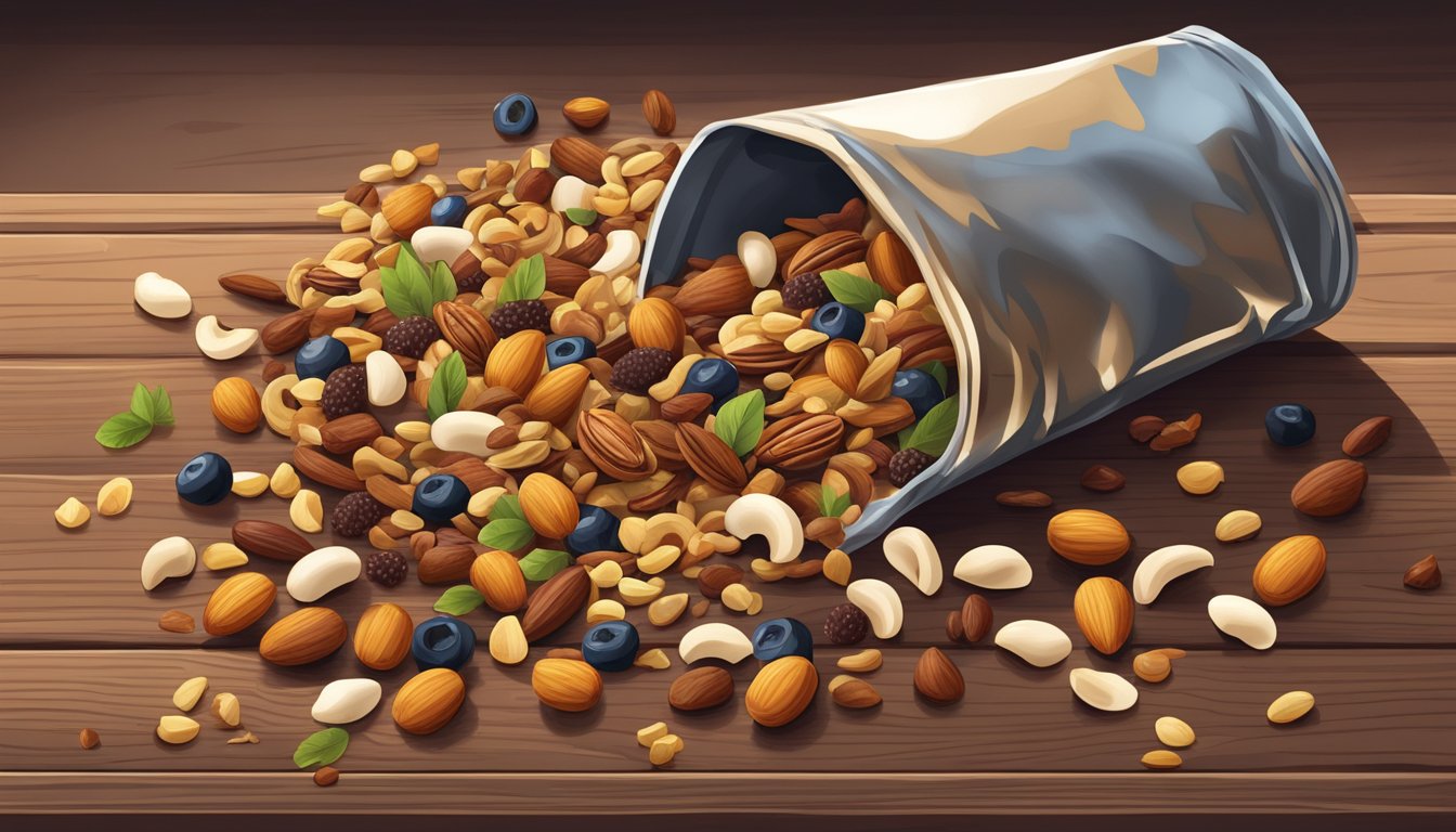 A open bag of trail mix with various nuts, seeds, and dried fruits spilling out onto a wooden table. Some pieces appear to be slightly discolored or shriveled