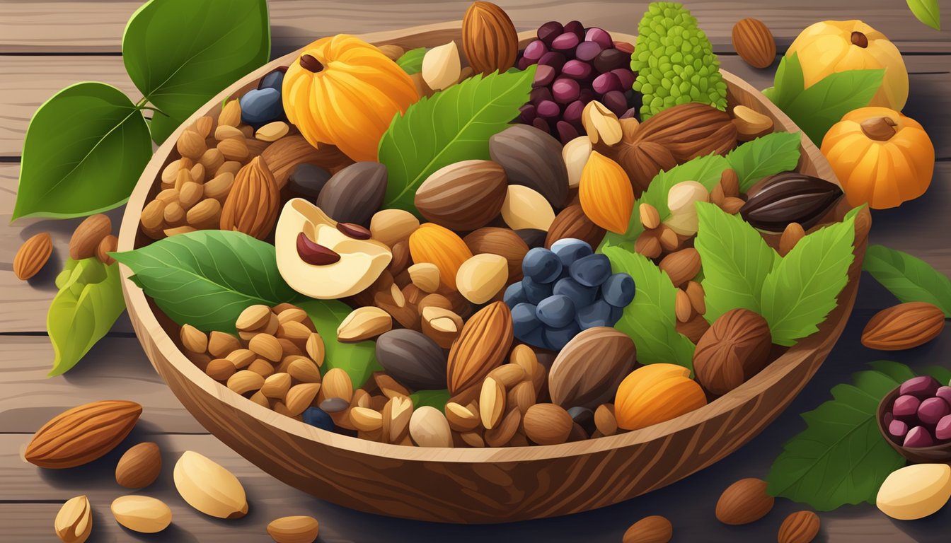 A colorful assortment of nuts, seeds, and dried fruits arranged in a rustic wooden bowl, surrounded by vibrant green leaves and a scattering of fallen nuts and seeds