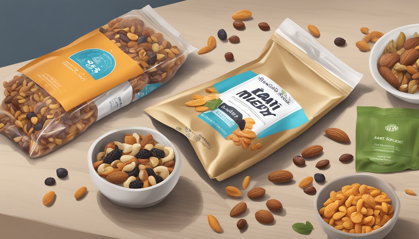 A bag of trail mix sits on a kitchen counter, surrounded by various nuts, seeds, and dried fruits. The packaging shows a "best by" date