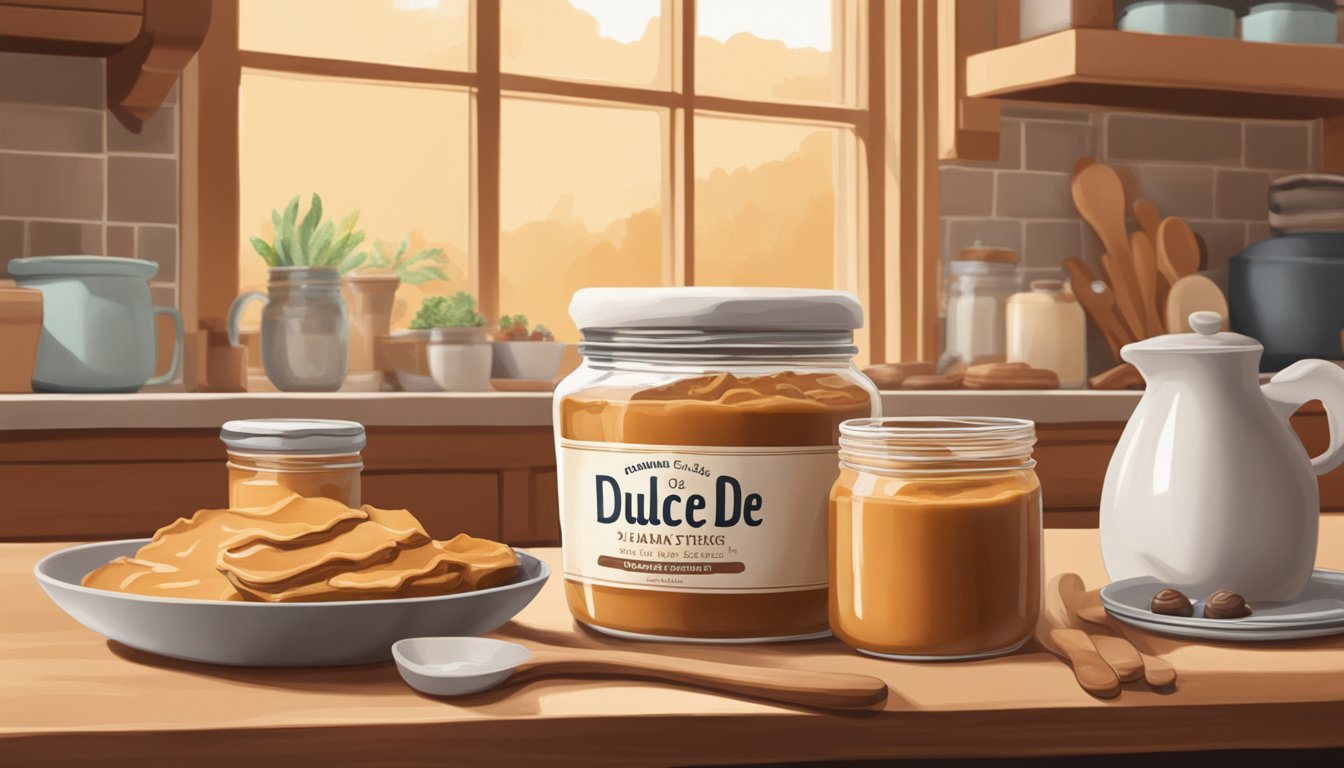 A jar of dulce de leche sits on a kitchen counter, surrounded by baking ingredients and utensils. The warm, inviting colors of the scene evoke a sense of sweetness and comfort