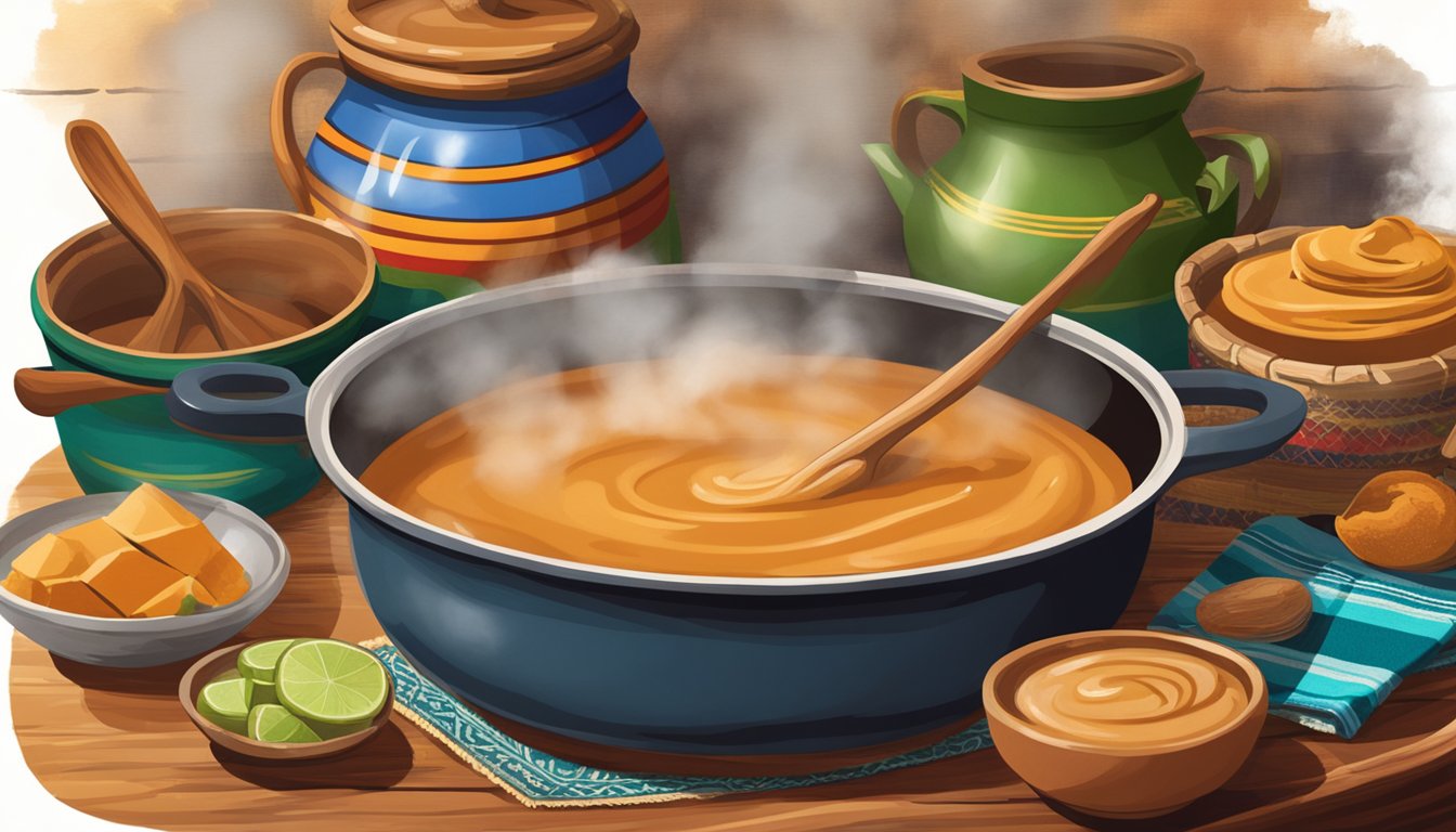 A steaming pot of dulce de leche sits on a rustic table, surrounded by vibrant South American textiles and traditional cooking utensils