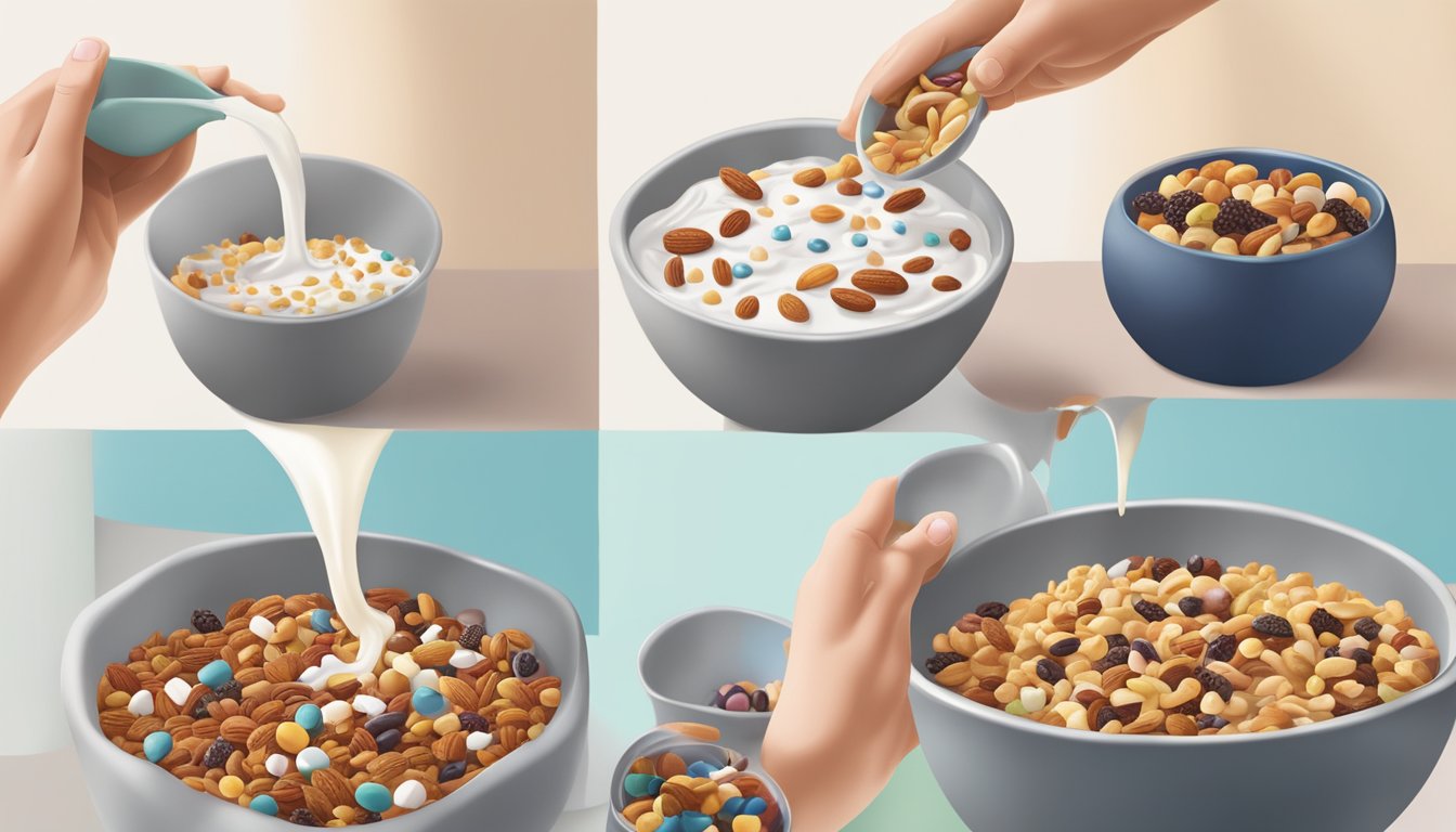 A hand reaching into a bag of trail mix, pouring the mix into a bowl, and then a person sprinkling it on top of their yogurt