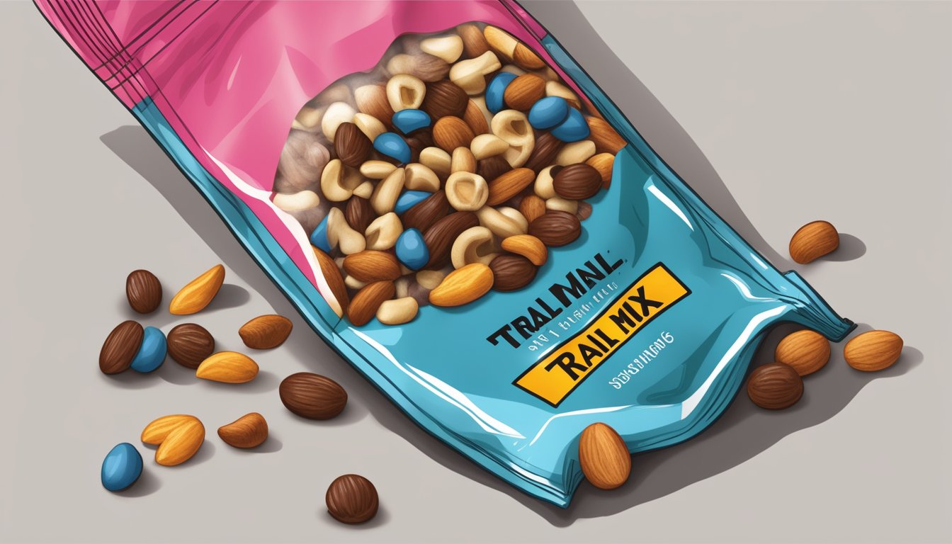 An open bag of trail mix with visible signs of rancidity, such as discolored nuts and a sour smell