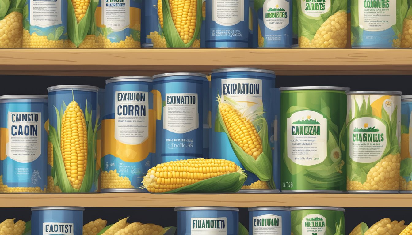 A can of corn with a clearly labeled expiration date, surrounded by other canned goods on a shelf