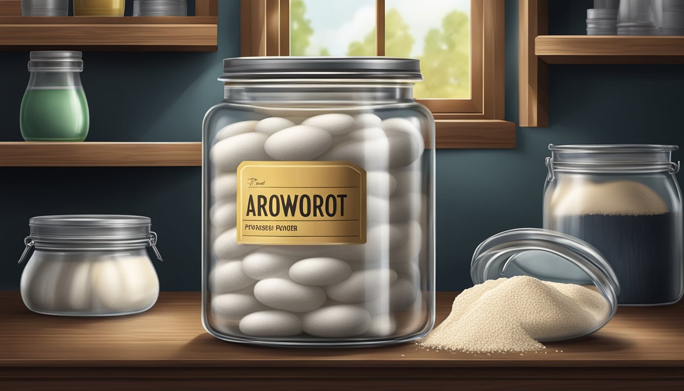 A sealed glass jar of arrowroot powder stored in a cool, dark pantry