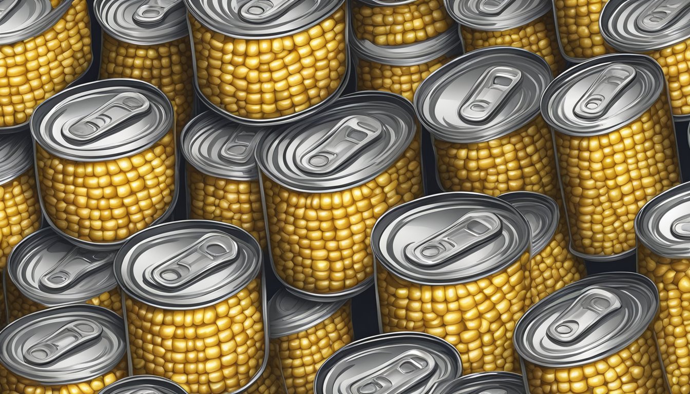 Canned corn neatly arranged on a shelf in a cool, dry pantry