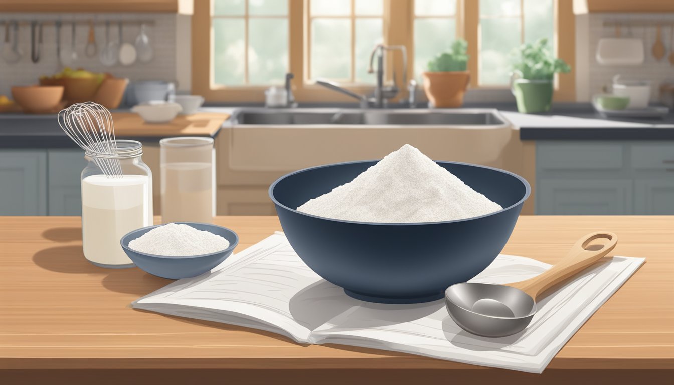 A bowl of arrowroot powder sits on a kitchen counter, surrounded by measuring spoons and a recipe book. A mixing bowl and whisk are nearby, ready for baking