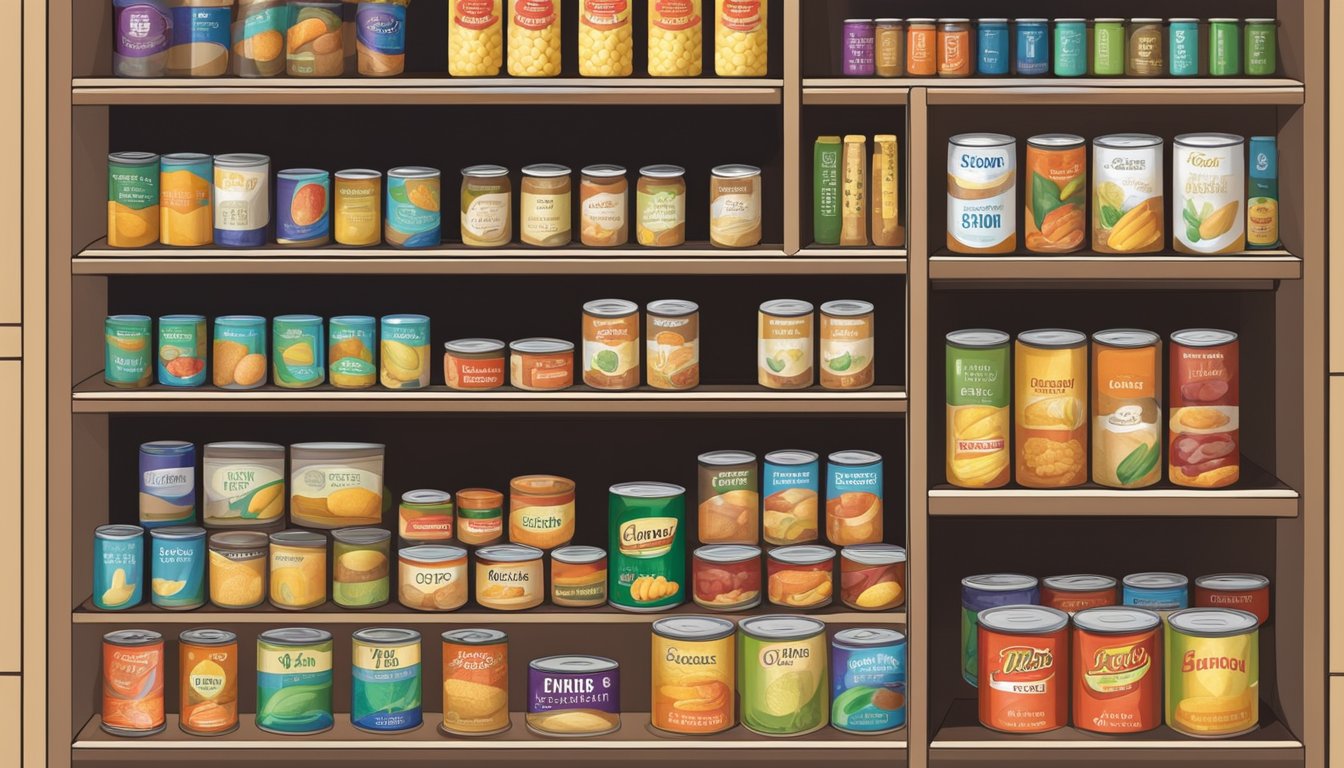 A pantry shelf with neatly organized canned goods, including cans of corn, with expiration dates clearly visible