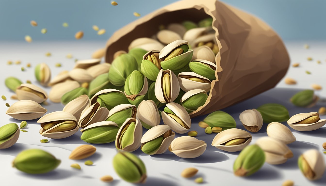 A pile of pistachios spilling out of a cracked shell, with a few nuts scattered around and a calendar showing the passage of time in the background