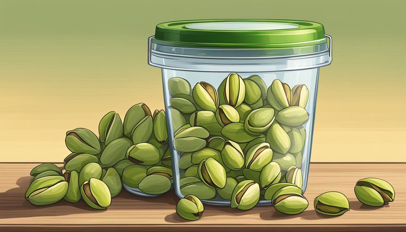 A sealed container of pistachios sits on a shelf, away from direct sunlight and heat. The pistachios are fresh and intact, with no signs of mold or spoilage