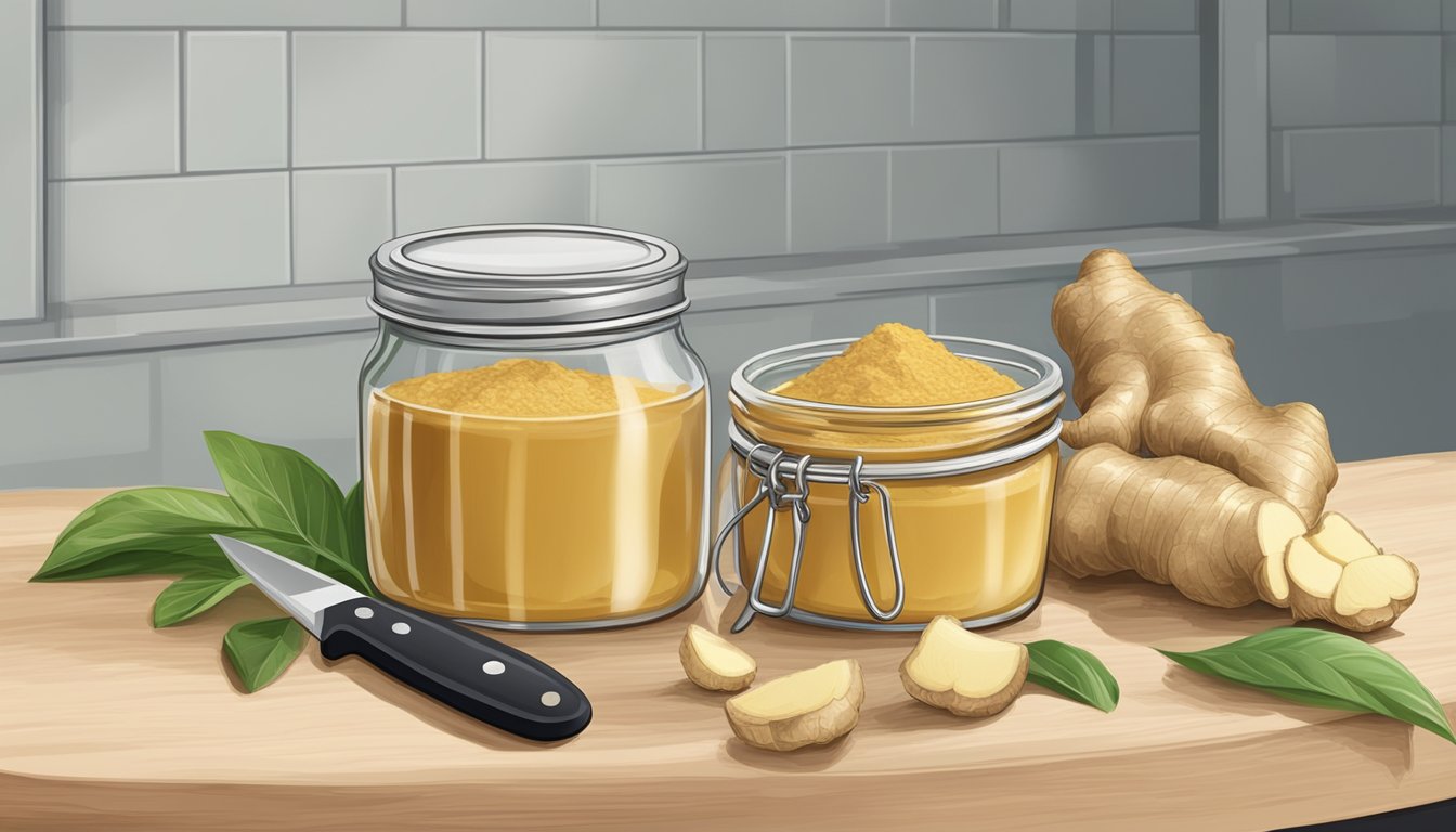 A jar of ginger paste sits on a kitchen counter, surrounded by fresh ginger root, a cutting board, and a knife