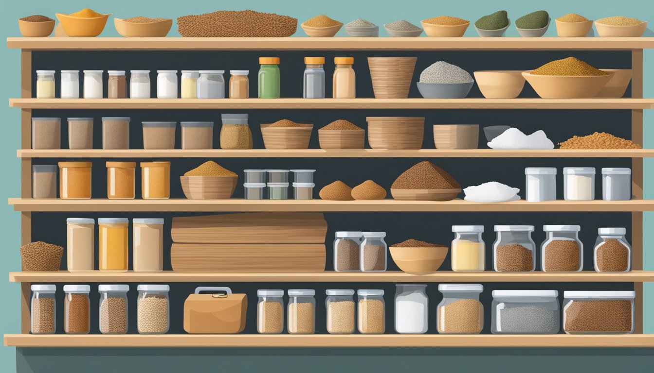 A pantry shelf with a bag of teff grain, surrounded by other dry goods