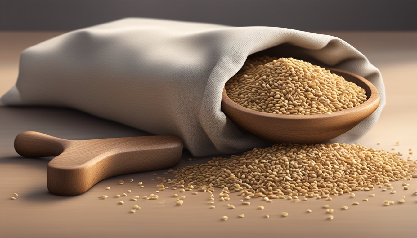 A bag of teff grains sits open on a kitchen counter, with some of the grains spilling out onto the surface. A few grains appear discolored and moldy