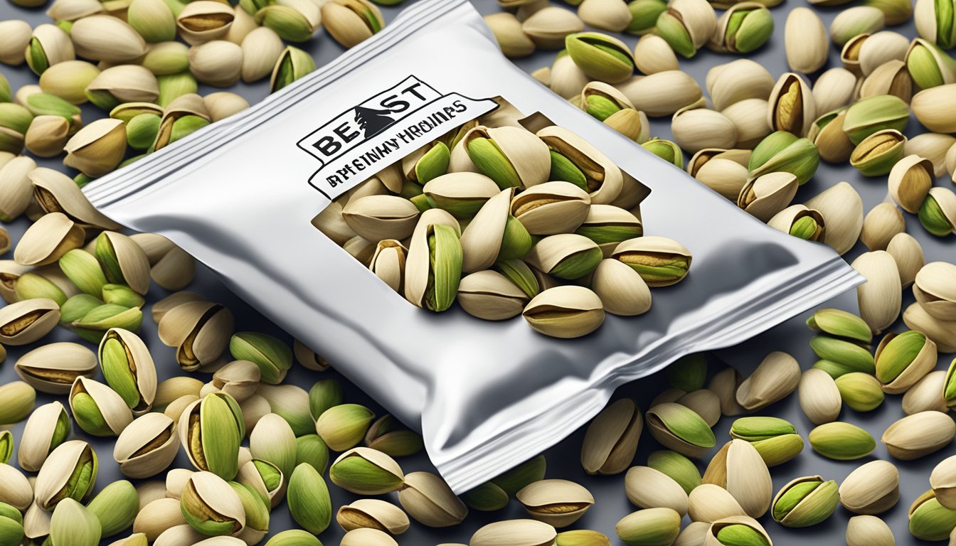 A pile of pistachios in a clear, sealed bag with a "best by" date printed on the label