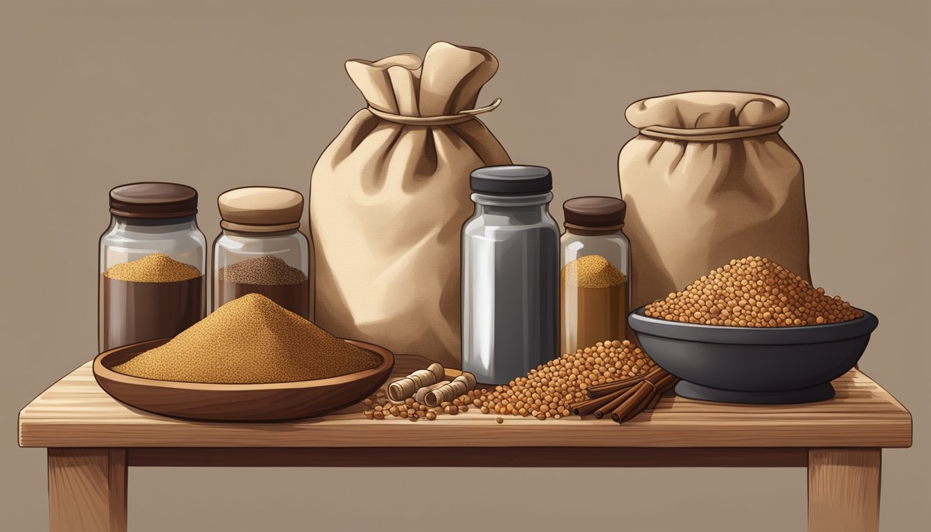 A bag of teff grains on a wooden shelf, surrounded by jars of spices and a mortar and pestle