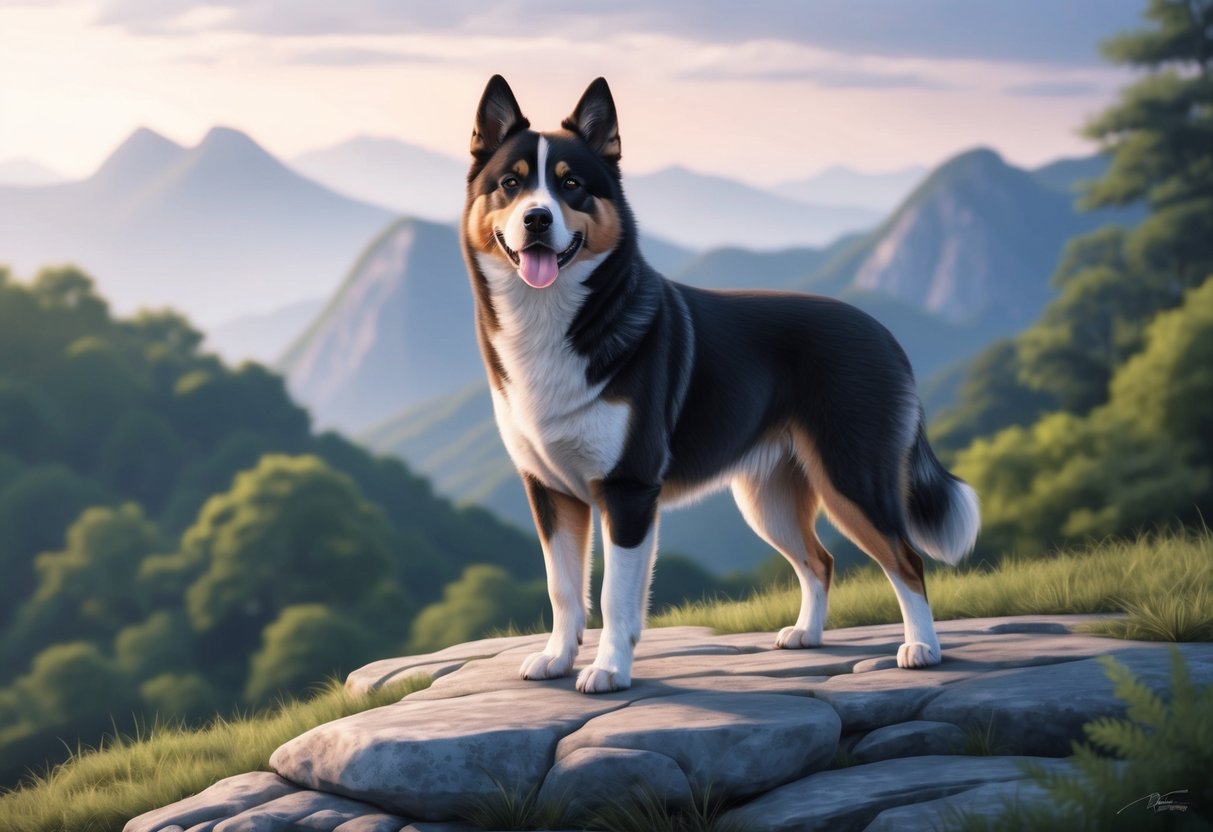 A Korean Jindo Dog standing proudly on a rocky hill, with a lush forest and mountains in the background