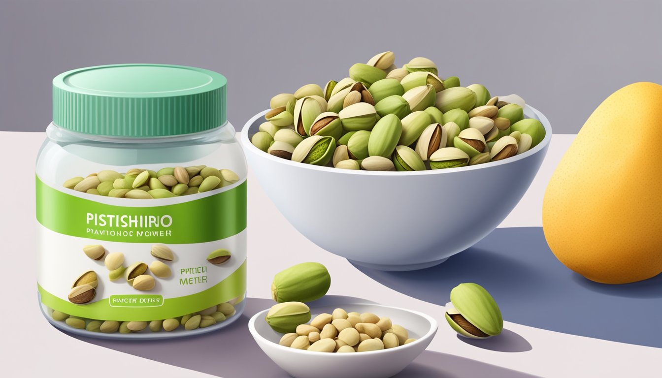 A bowl of pistachios sits next to a protein powder container, surrounded by fresh fruits and a glass of water