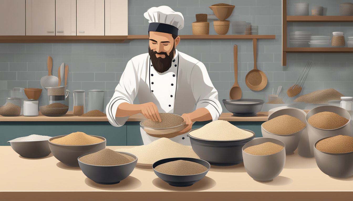 A chef using teff in various dishes, with bags of teff grain and teff flour on a kitchen counter