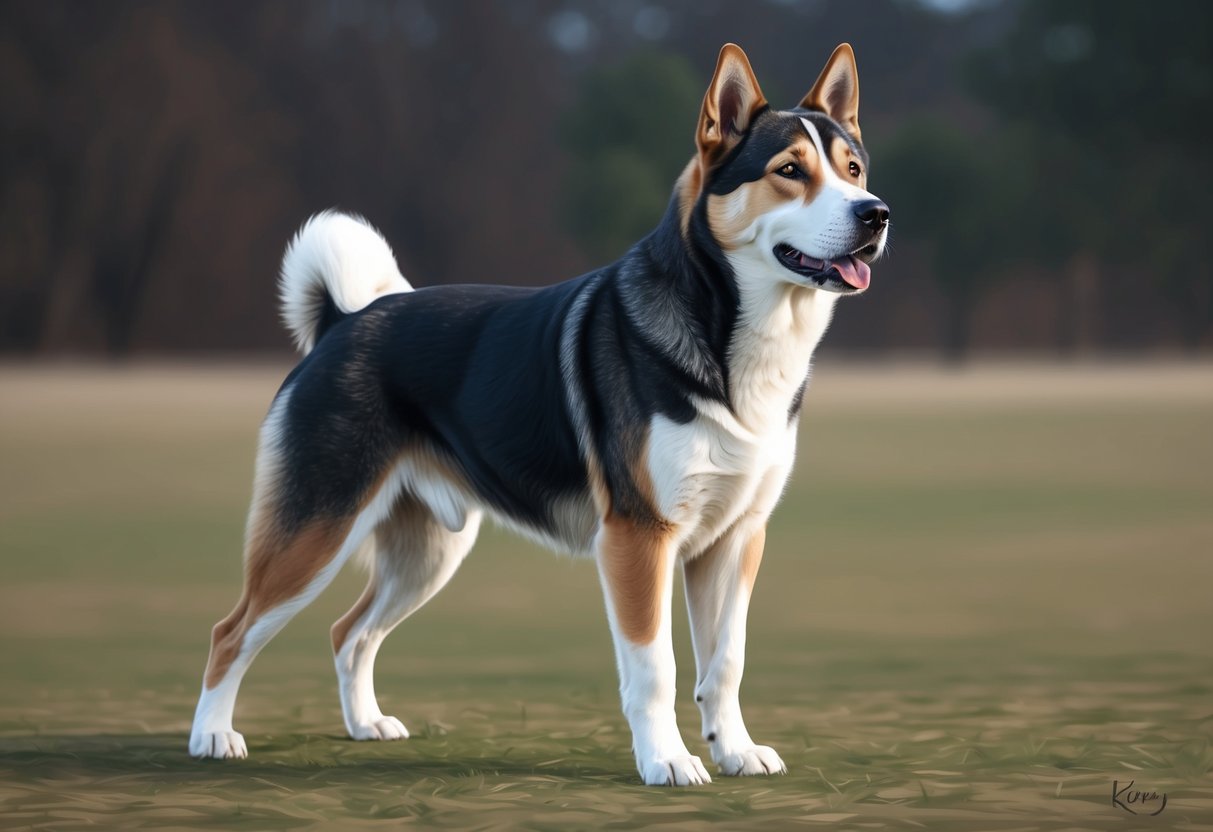 A Korean Jindo dog confidently stands with a proud stance, alert and focused, showcasing its independent and loyal temperament