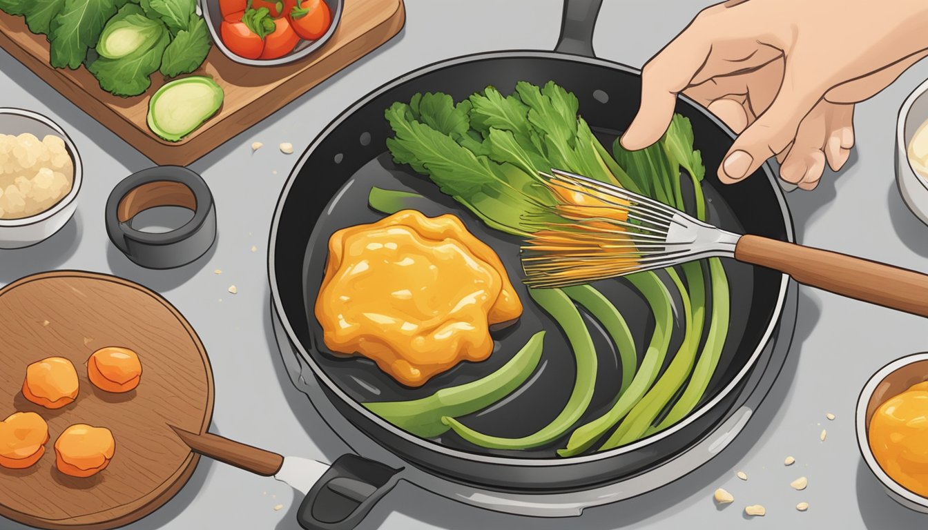 A small dollop of ginger paste being added to a sizzling pan of vegetables