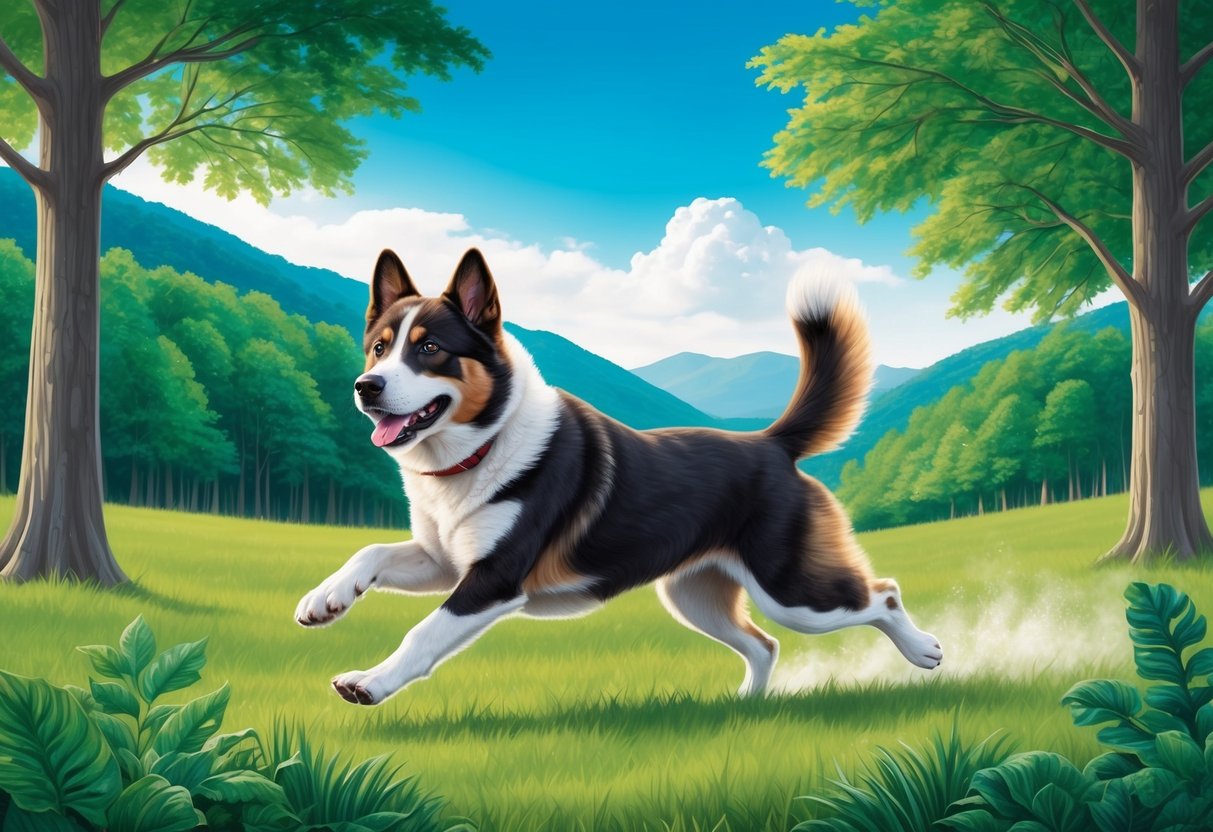 A Korean Jindo dog running through a lush green forest with a clear blue sky above, exuding strength and vitality