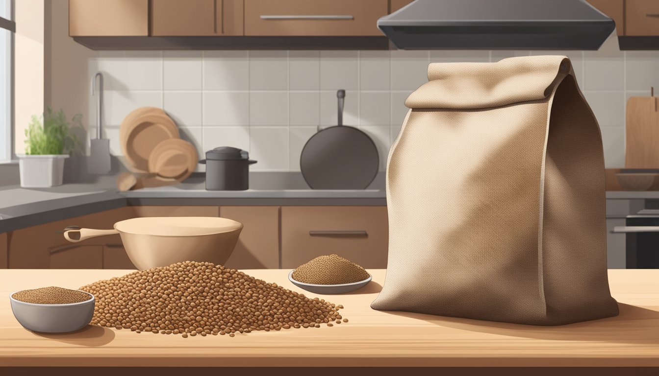 A bag of teff grains sits on a kitchen counter, surrounded by other alternative grains. The teff grains are dry and intact, with no signs of spoilage