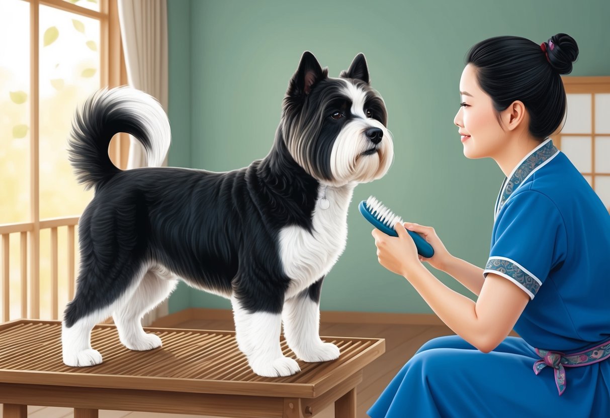 A Korean Jindo dog being groomed and brushed by its owner in a peaceful setting