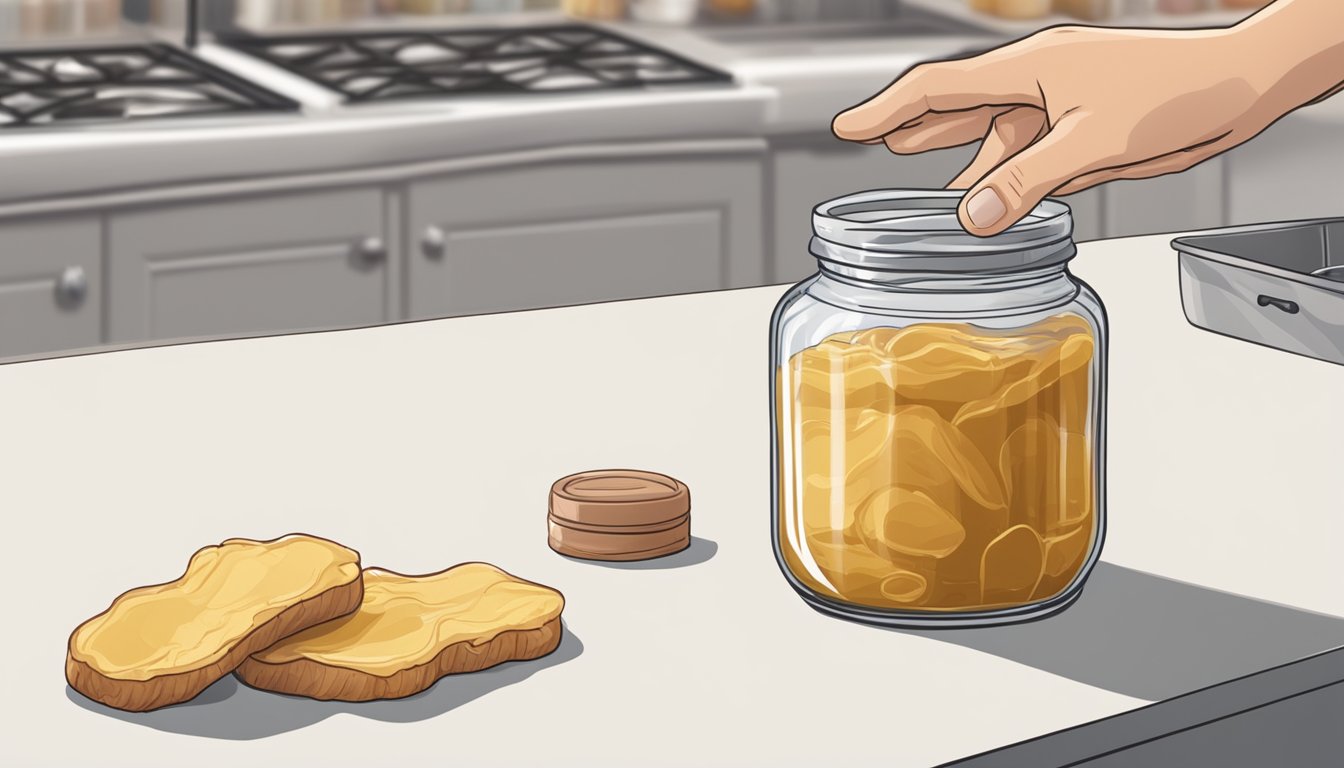 A jar of ginger paste sits on a kitchen counter, unopened and sealed. A hand reaches for it, ready to open and use