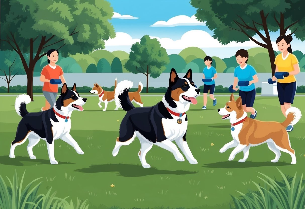 A Korean Jindo dog participating in training exercises with other dogs in a socialization class at a local park