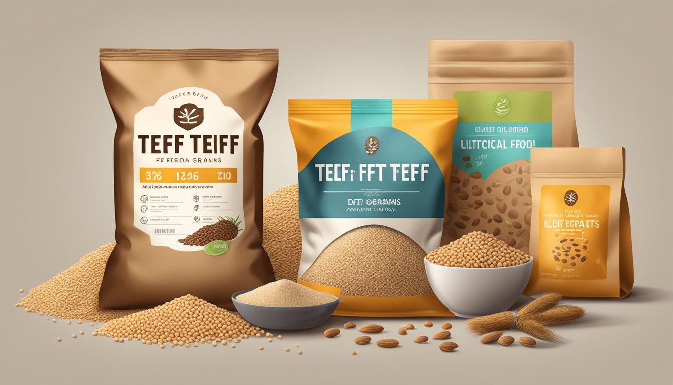 A bag of teff grains with an expiration date label, surrounded by various gluten-free and special diet food items