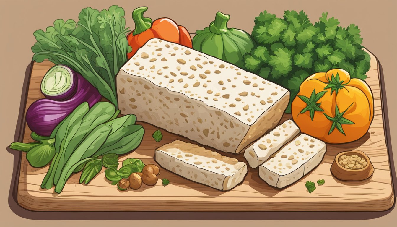 A block of tempeh sits on a wooden cutting board, surrounded by vibrant green herbs and colorful vegetables. The tempeh appears fresh and ready to be cooked