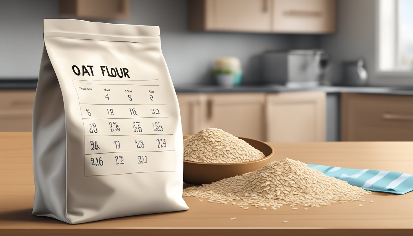 A bag of oat flour sits on a kitchen counter, surrounded by fresh oats and a calendar showing the current date