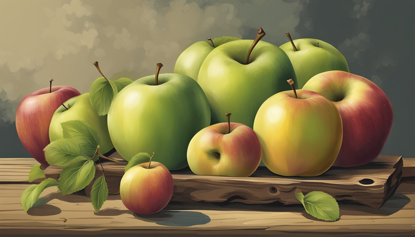 A still life of a variety of apples at different stages of ripeness, some showing signs of decay, set against a rustic backdrop