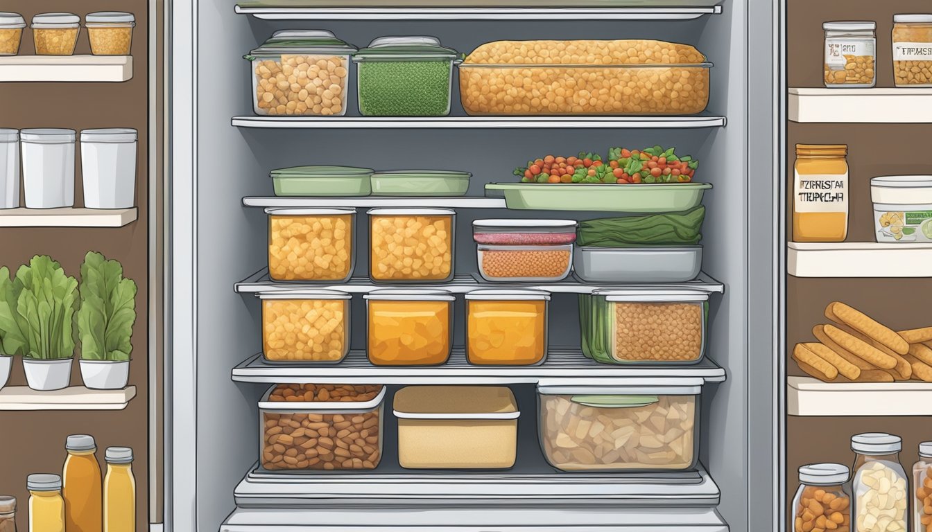 A refrigerator with a container of tempeh placed on a shelf, surrounded by other food items