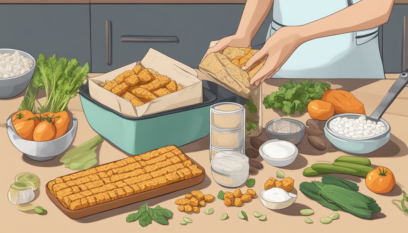 A hand holding a package of tempeh, surrounded by various ingredients and cooking utensils on a kitchen counter