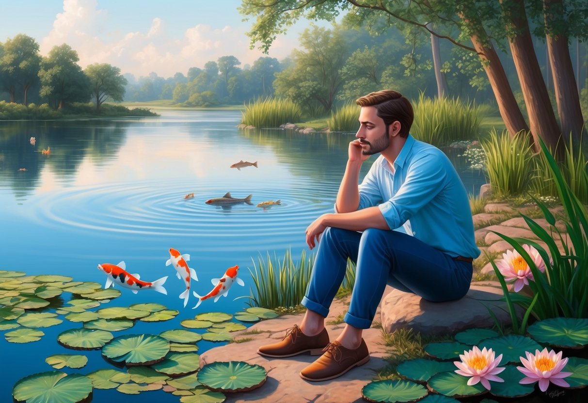 A Pisces man sitting by a tranquil lake, surrounded by water lilies and koi fish, lost in thought