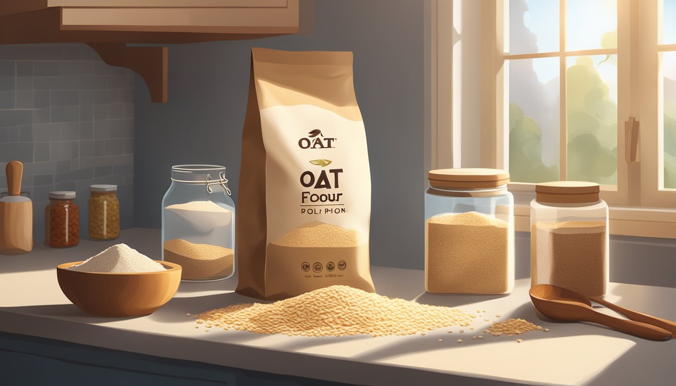 A bag of oat flour sits on a kitchen counter, next to a jar of spices and a wooden spoon. Sunlight streams in through a window, casting a warm glow over the scene