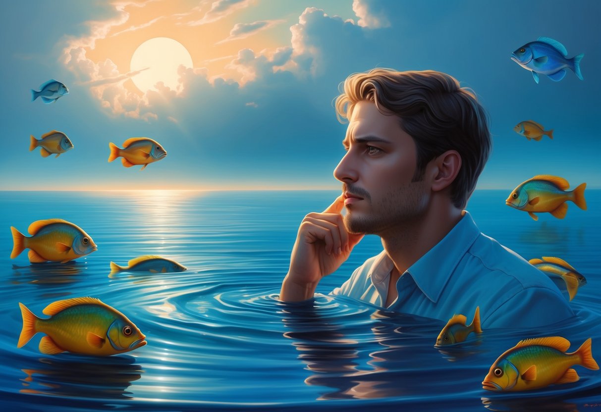 A Pisces man surrounded by tranquil waters and colorful fish, lost in deep contemplation while gazing at the horizon