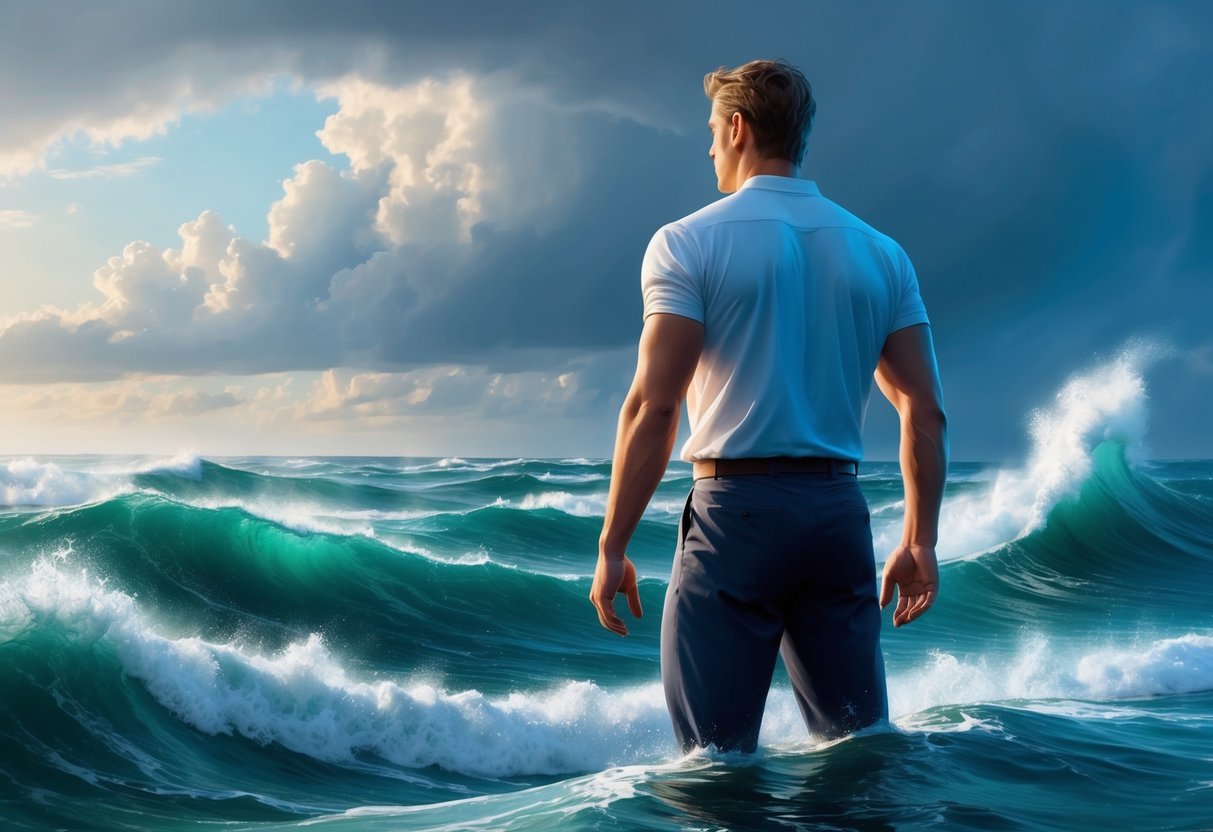 A Pisces man stands at the edge of a turbulent ocean, facing the horizon with a sense of calm determination amidst the stormy waves