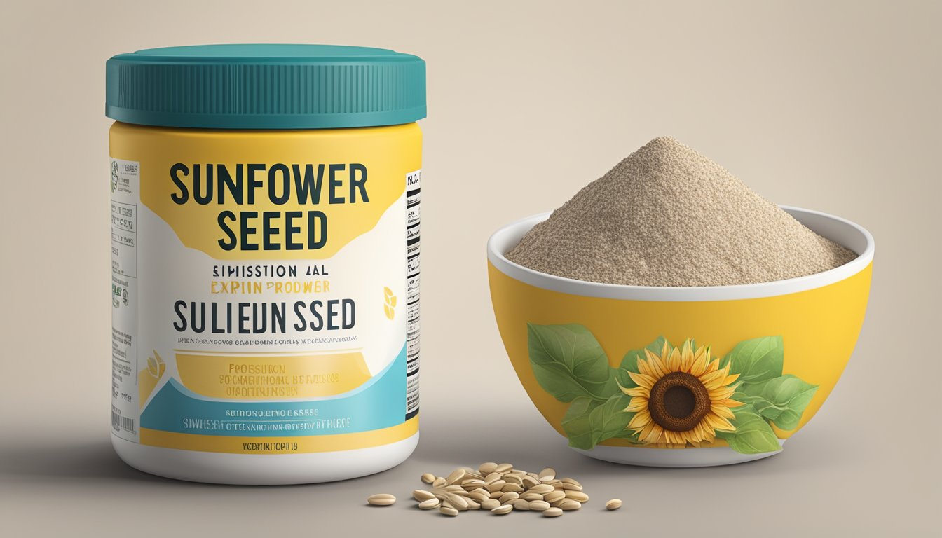 A sunflower seed protein powder container sits on a kitchen counter, with a few seeds scattered around. The label indicates the expiration date