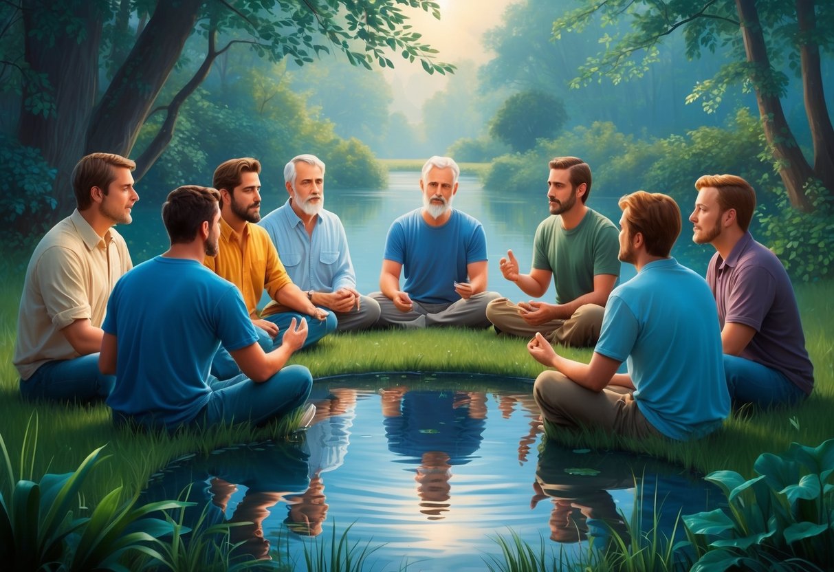 A group of Pisces men gather around a tranquil pond, engaging in deep conversation and sharing their thoughts and emotions. The atmosphere is serene and filled with a sense of spiritual connection