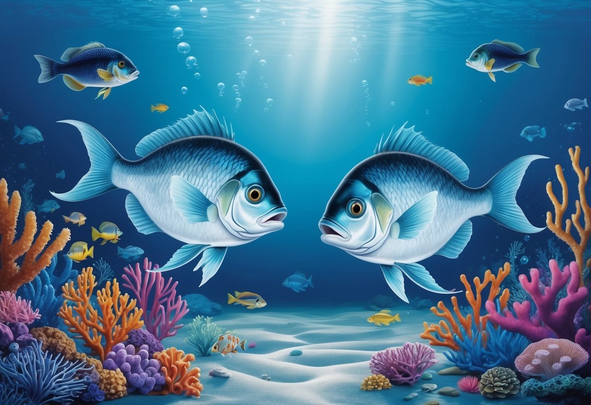 Two Pisces fish swimming in opposite directions, surrounded by a tranquil underwater environment with colorful coral and sea creatures