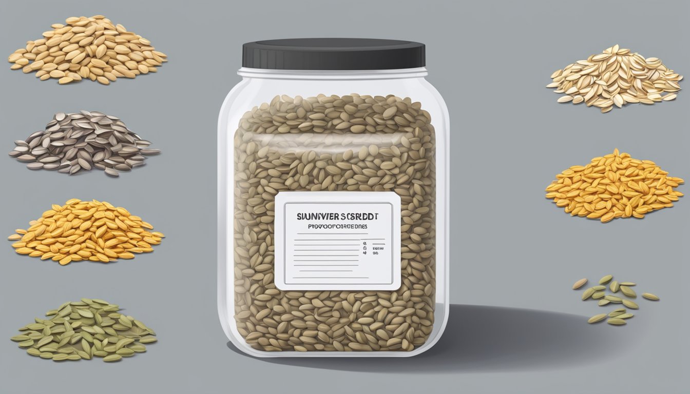 A pile of sunflower seeds in a clear, airtight container, with a label indicating the protein content and expiration date