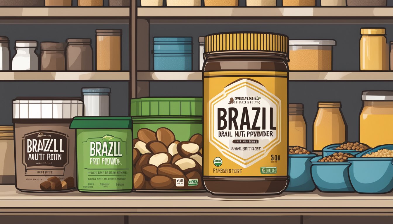 A brazil nut protein powder sits on a shelf, surrounded by various food items. The label indicates its shelf life, while the powder remains untouched