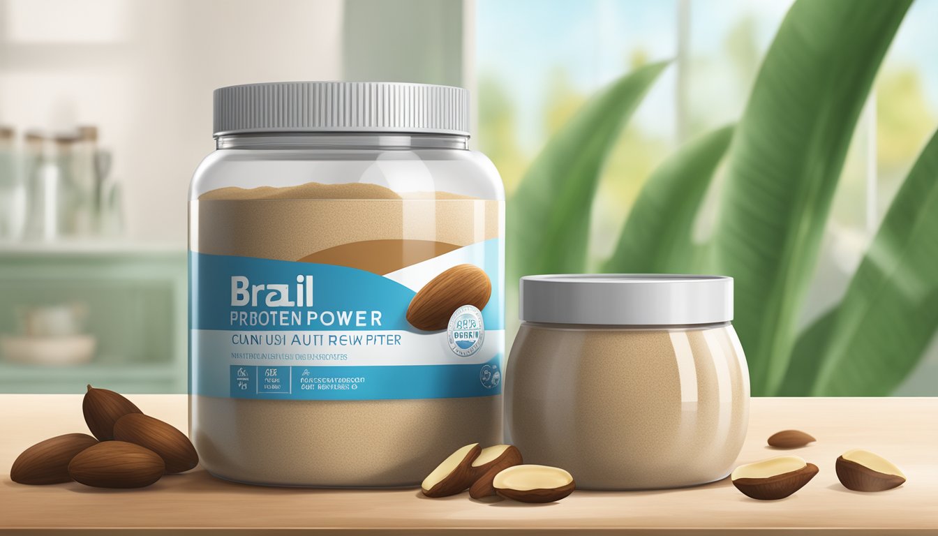 A Brazil nut protein powder container sits open, exposed to heat and light, while moisture seeps in from a nearby humidifier