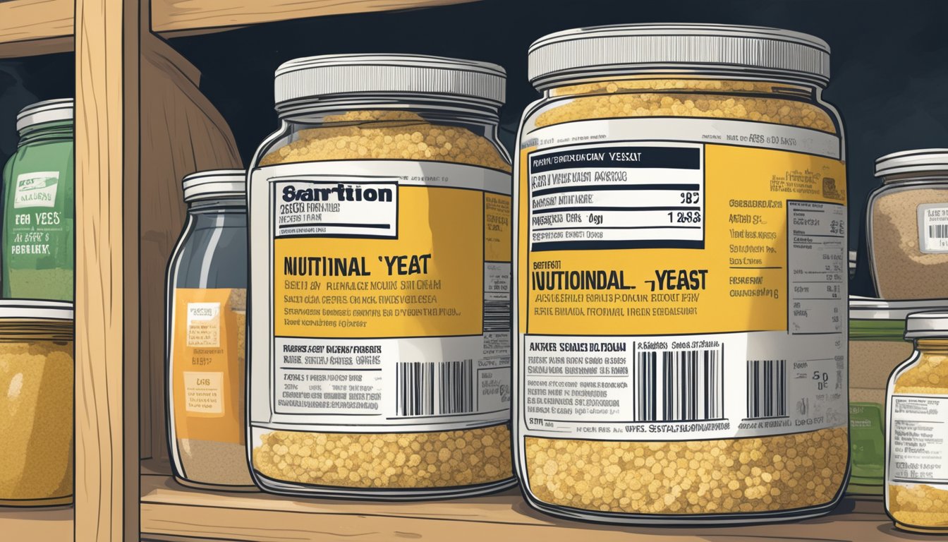 A sealed jar of nutritional yeast sits on a pantry shelf, surrounded by other dry goods. The expiration date is visible on the label